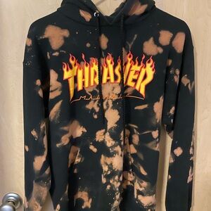 Thrasher Hoodie with Orange Flame Logo and Black Bleach Design